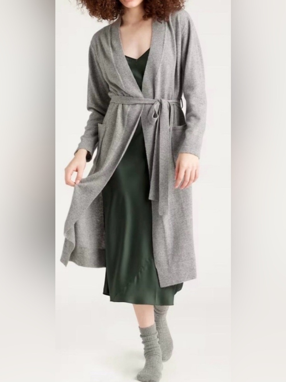 Quince Light Gray Cashmere Open-Front Knit Belted Cardigan Robe NWT Small